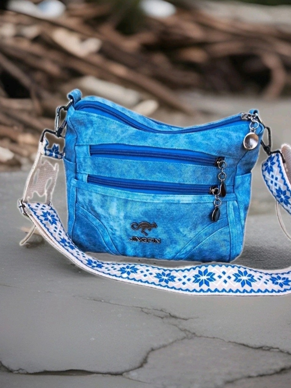 JinGFin Blue Textured Crossbody Bag with Patterned Strap